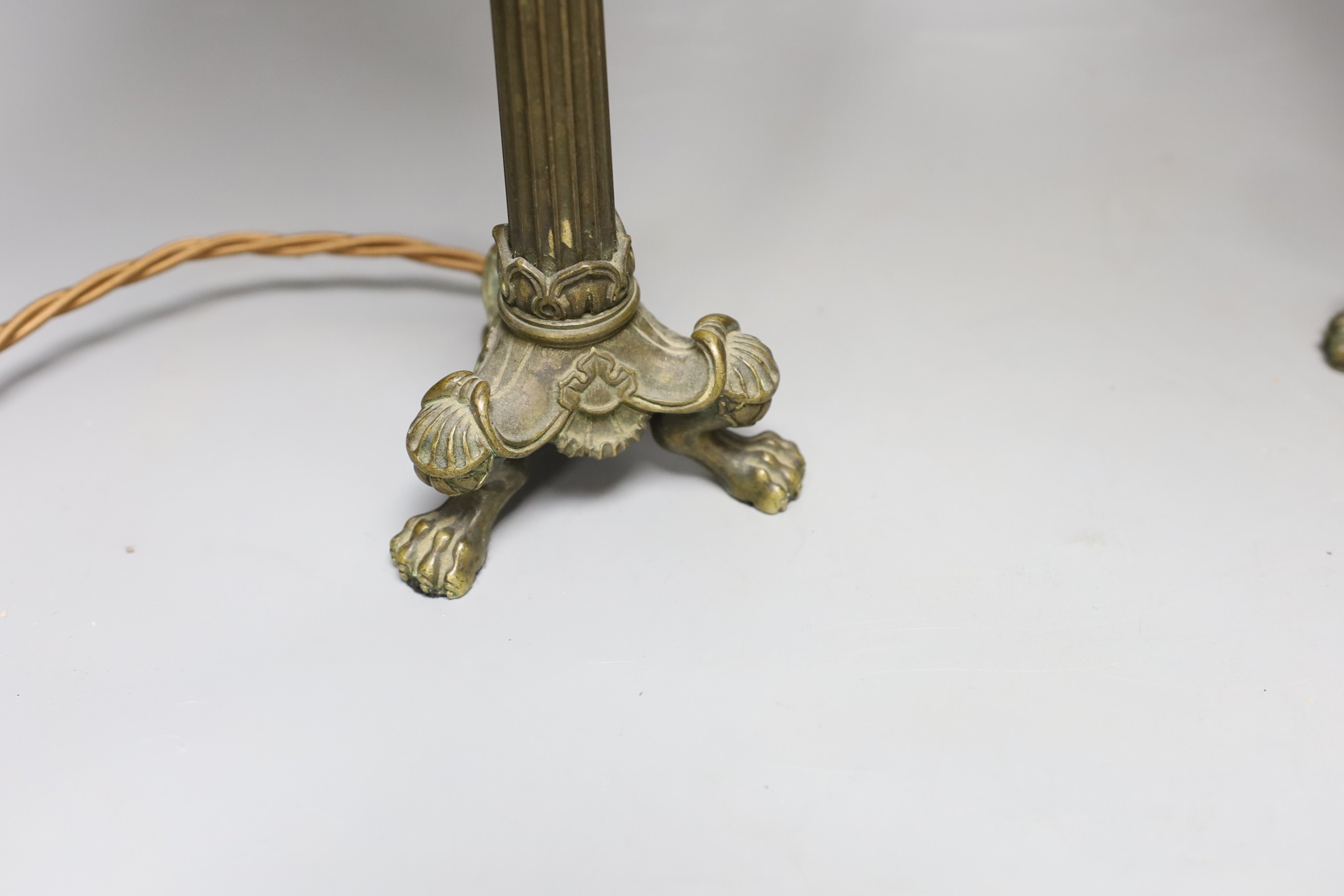 A pair of Empire style brass table lamps, 31 high not including light fitting